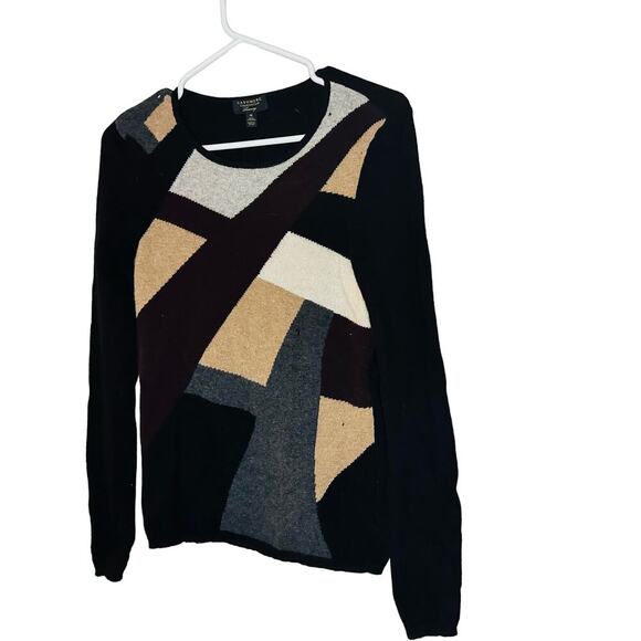 CHARTER CLUB Luxury Cashmere Black Brown Geometric Long Sleeves Sweater Size M - Picture 1 of 11